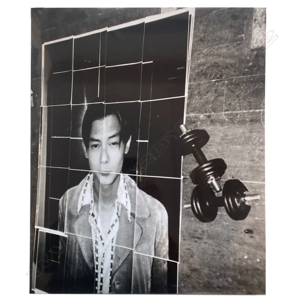 Unidentified photographer - Montage of man next to dumbbells on wooden floor, Image 1++